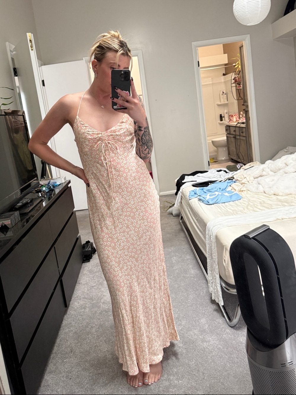 Zara Blush Pink Floral Tie-Front Maxi Dress